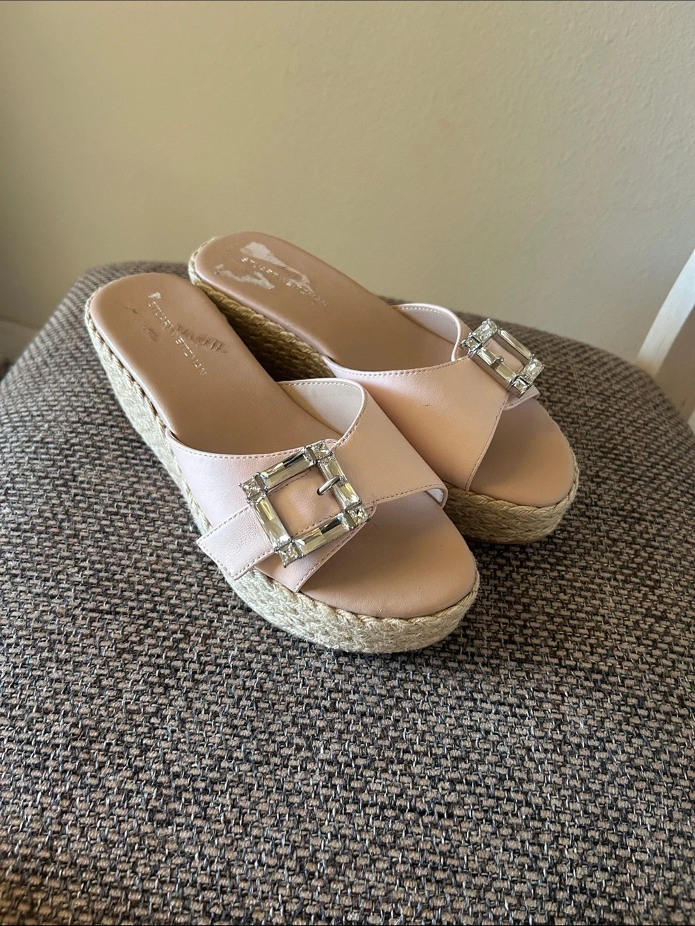 Stuart Weitzman June Crystal Buckle Espadrille Wedge Sandals Blush Pink Resort - Picture 4 of 16